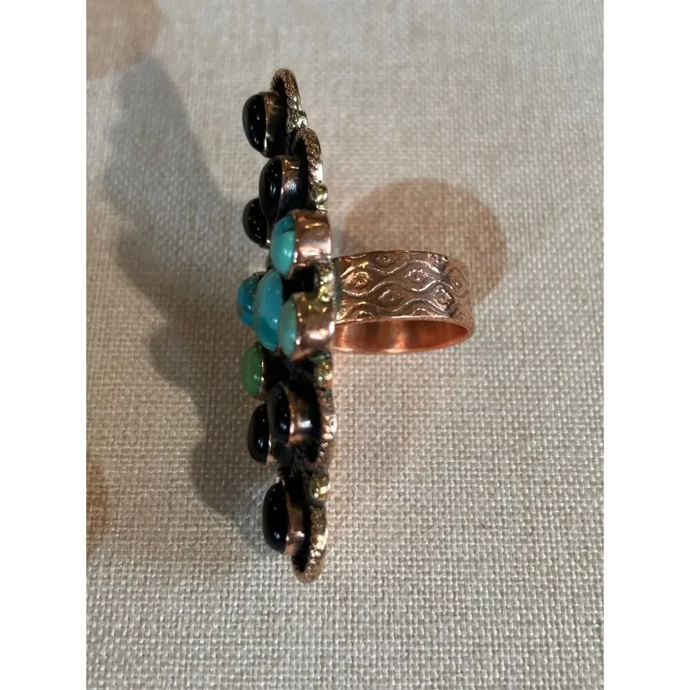 Turquoise & Black Onyx Multistone Copper Statement Ring adjustable 5-9
